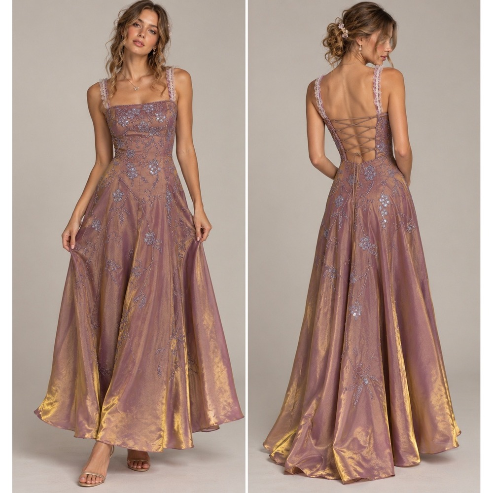 VTG 90s Y2K Cache Maxi Gown XS Purple Gold Iridescent Beaded Hoco Formal Fairy